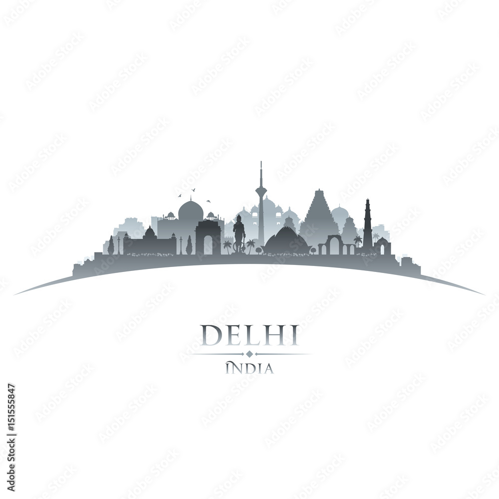 Delhi India city skyline silhouette white background