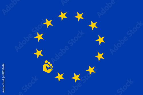 Flag of EU with raised fist. Eurosceptical member of European union as source of rebellion, revolt, opposition, defiance and resistance against policy of united Europe