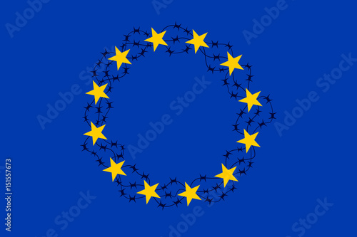 European union as protected area by barbed wire - european policy of isolationism, ban to enter and protection of borders. Vector illustration of EU flag and barrier