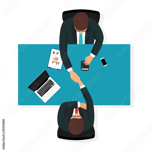 Business partner handshake deal contract meeting. Handshake. Contract. Office table top view. - stock vector.
