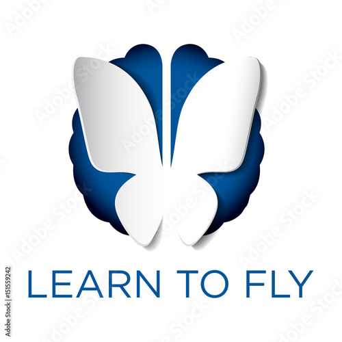 White butterfly icon cutout from yellow brain background in vector format. Conceptual education and learning or non-profit logo or design elements