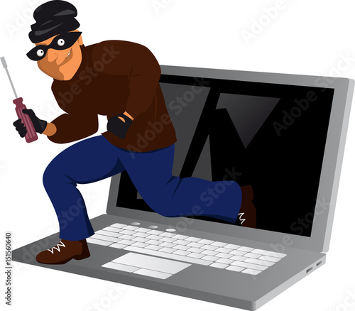 Cyber thief climbing out of a laptop, EPS 8 vector illustration