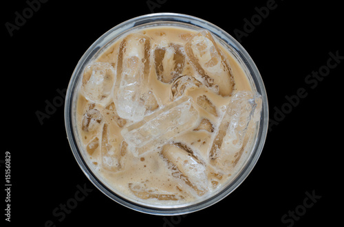 Iced coffee in plastic glass isolated on black background