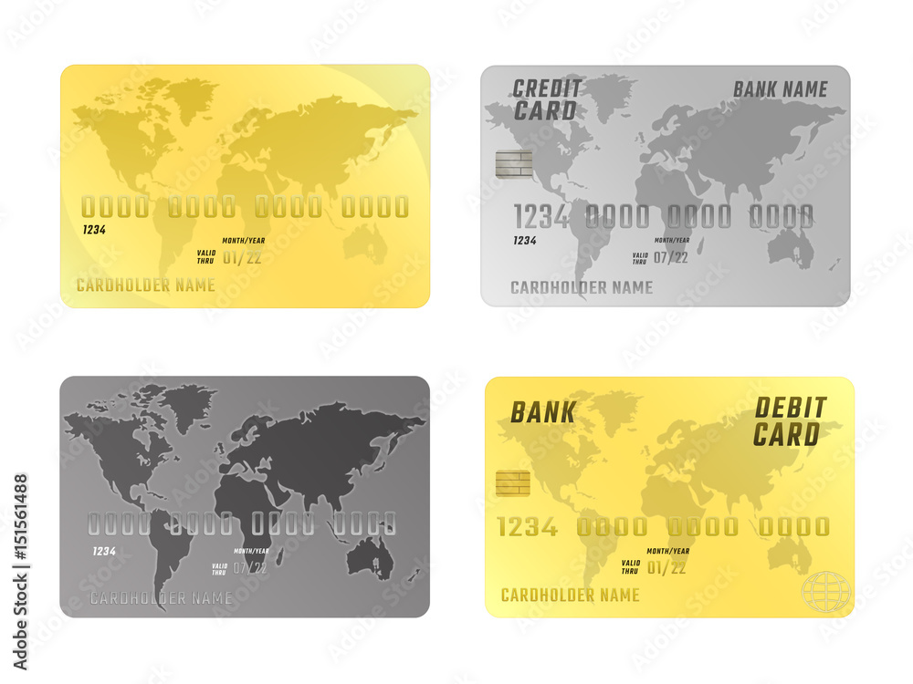 Credit card icons with world map, isolated on white background.