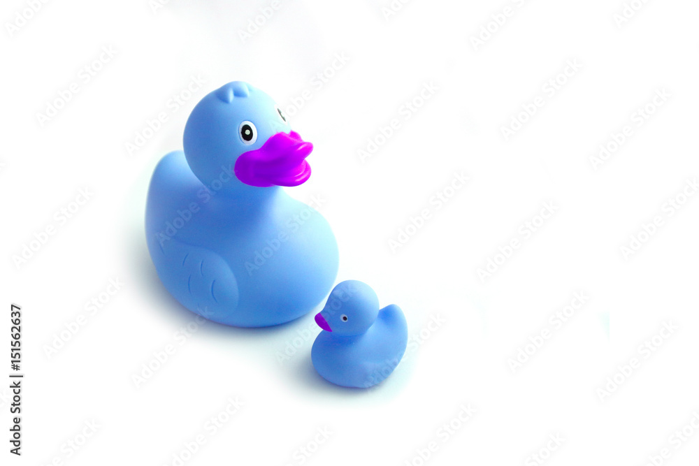 Big rubber duck and small duckling, isolated on a white background. Children bath toys ducky. Father and son concept, fatherhood. Close up, macro view. Big rubber duck and small duckling, isolated on a white background. Children bath toys ducky. Father and son concept, fatherhood. Close up, macro view.