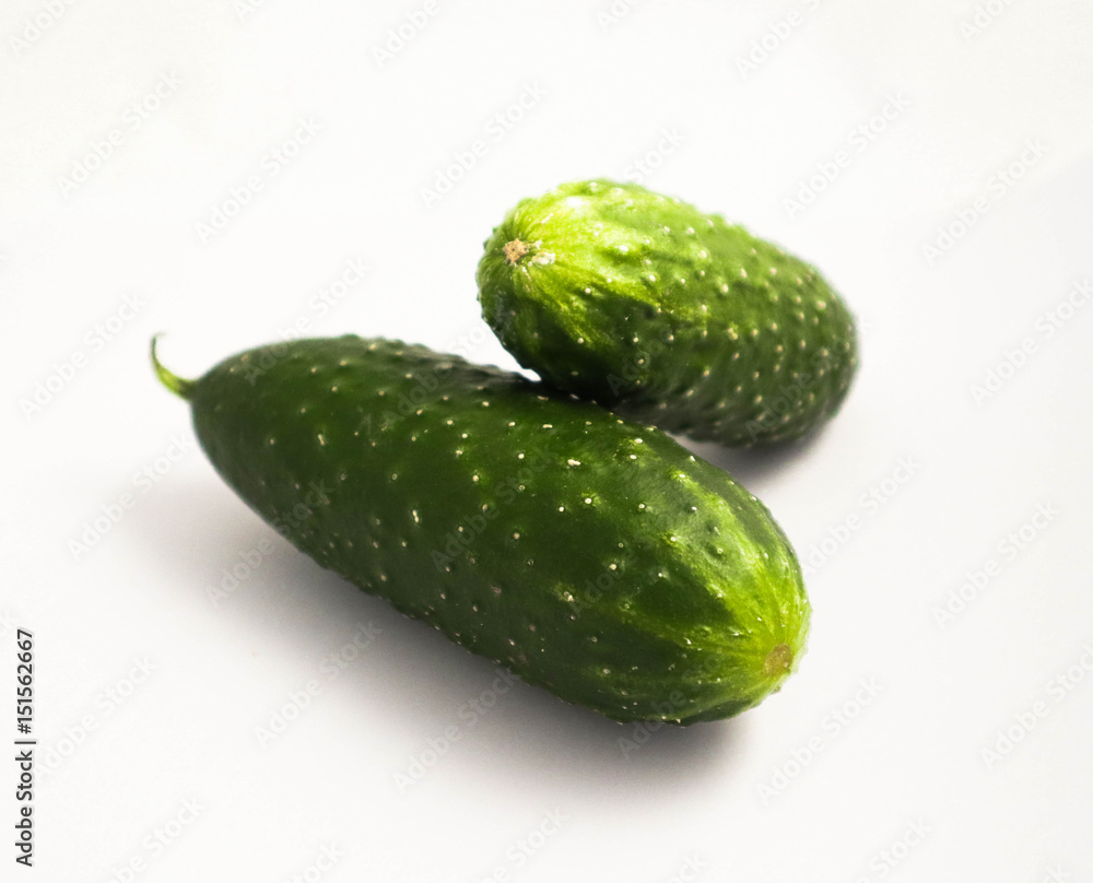 Two fresh natural beautiful green cucumber. Photo depicting a ripe delicious cucumber isolated on a white background with shadow. Close up, macro view. Two fresh natural beautiful green cucumber. Photo depicting a ripe delicious cucumber isolated on a white background with shadow. Close up, macro view.