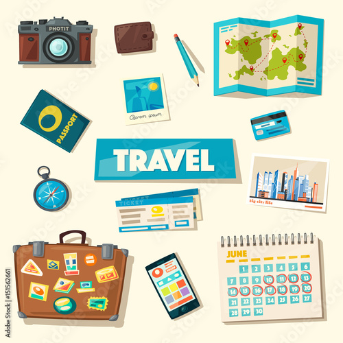 Travel collection. Vacation theme. Cartoon vector illustration.