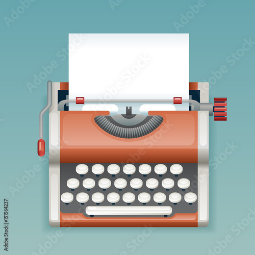 Retro Vintage Manual Typewriter with Blank Paper Sheet Writer Mass Media Press Journalist Icon Realistic 3d Flat Design Template Vector Illustration