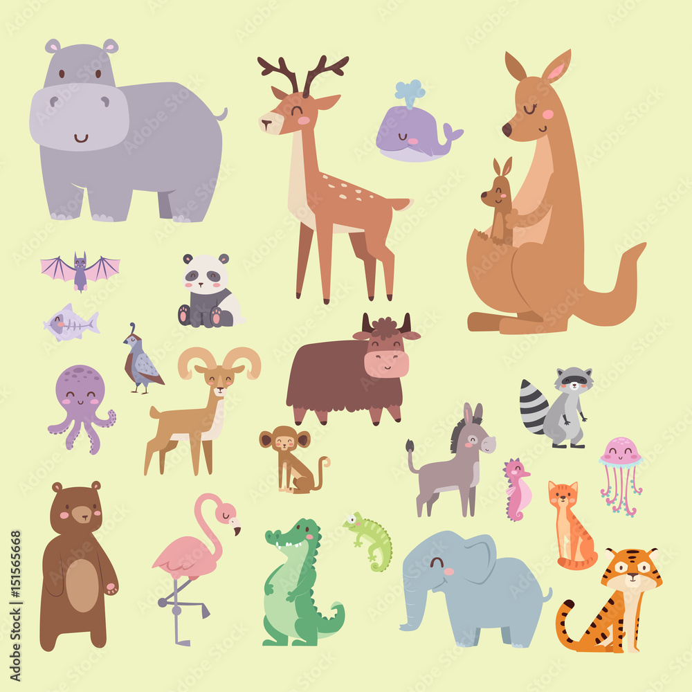 Fototapeta premium Cute zoo cartoon animals isolated funny wildlife learn cute language and tropical nature safari mammal jungle tall characters vector illustration.