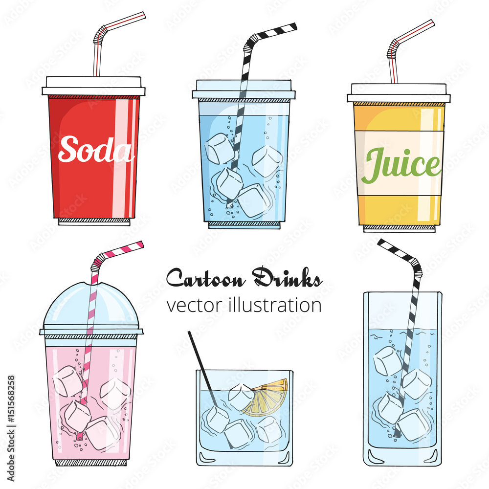 Set of cartoon drinks: cold beverages with ice- tea, lemonade, smoothie,  juice, milk shake, soda. Vector illustration, isolated on white. Take away  cup with tubule. Refreshing drinks icons for menu. Stock Vector |