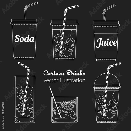 Set of cartoon drinks: cold beverages with ice- tea, lemonade, smoothie, juice, shake, soda. Vector illustration, isolated on chalkboard. Take away cup with tubule. Refreshing drinks icons for menu.