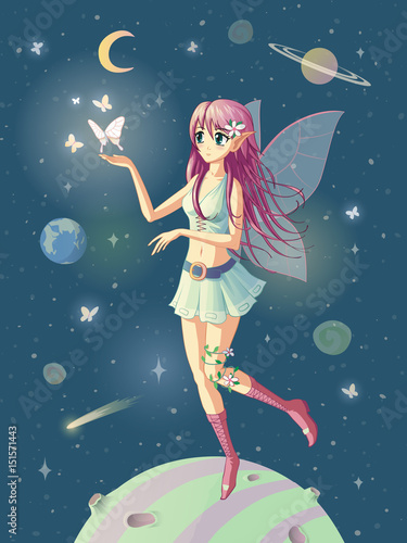 Vector illustration of the manga girl fairy in space, where the stars are near her hand.