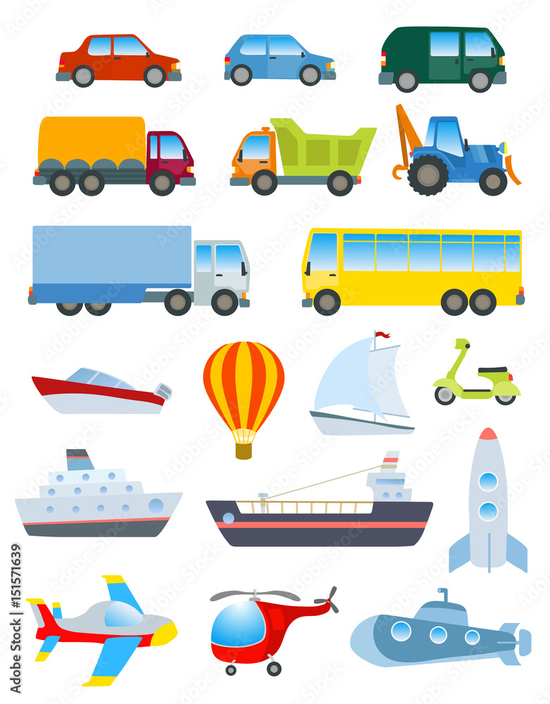 Cute transport set. Simple cartoon road, air, water transport items vector on white. Cute transport set. Simple cartoon road, air, water transport items vector on white.
