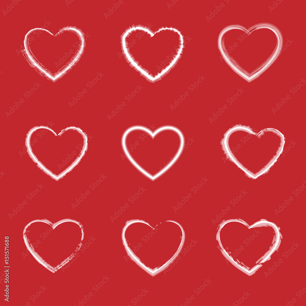 Collection of hand drawn hearts on red background. Vector.