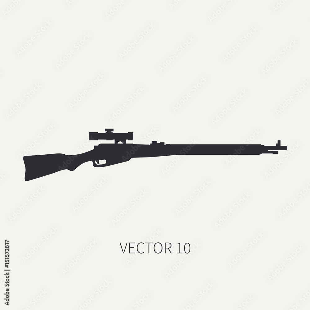 Silhouette. Line flat vector military icon rifle, carbine. Army equipment and armament. Legendary retro weapon. Cartoon. Assault. Soldiers. War. Illustration and element for your design and wallpaper.