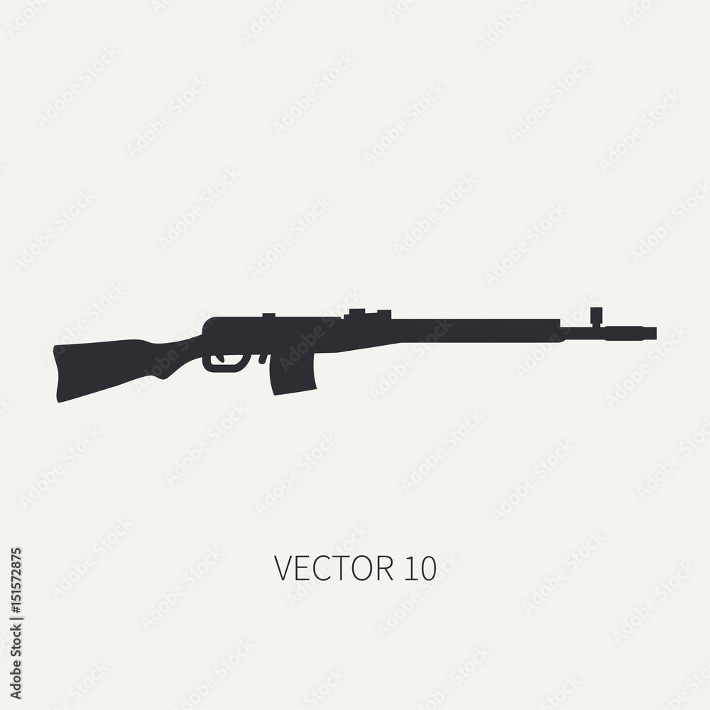 Silhouette. Line flat vector military icon rifle, carbine. Army equipment and armament. Legendary retro weapon. Cartoon. Assault. Soldiers. War. Illustration and element for your design and wallpaper. Silhouette. Line flat vector military icon rifle, carbine. Army equipment and armament. Legendary retro weapon. Cartoon. Assault. Soldiers. War. Illustration and element for your design and wallpaper.