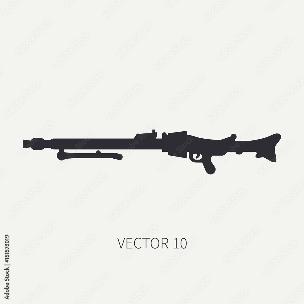 Silhouette. Line flat vector military icon - machine gun. Army equipment and armament. Legendary retro weapon. Cartoon. Assault. Soldiers. War. Illustration and element for your design and wallpaper.