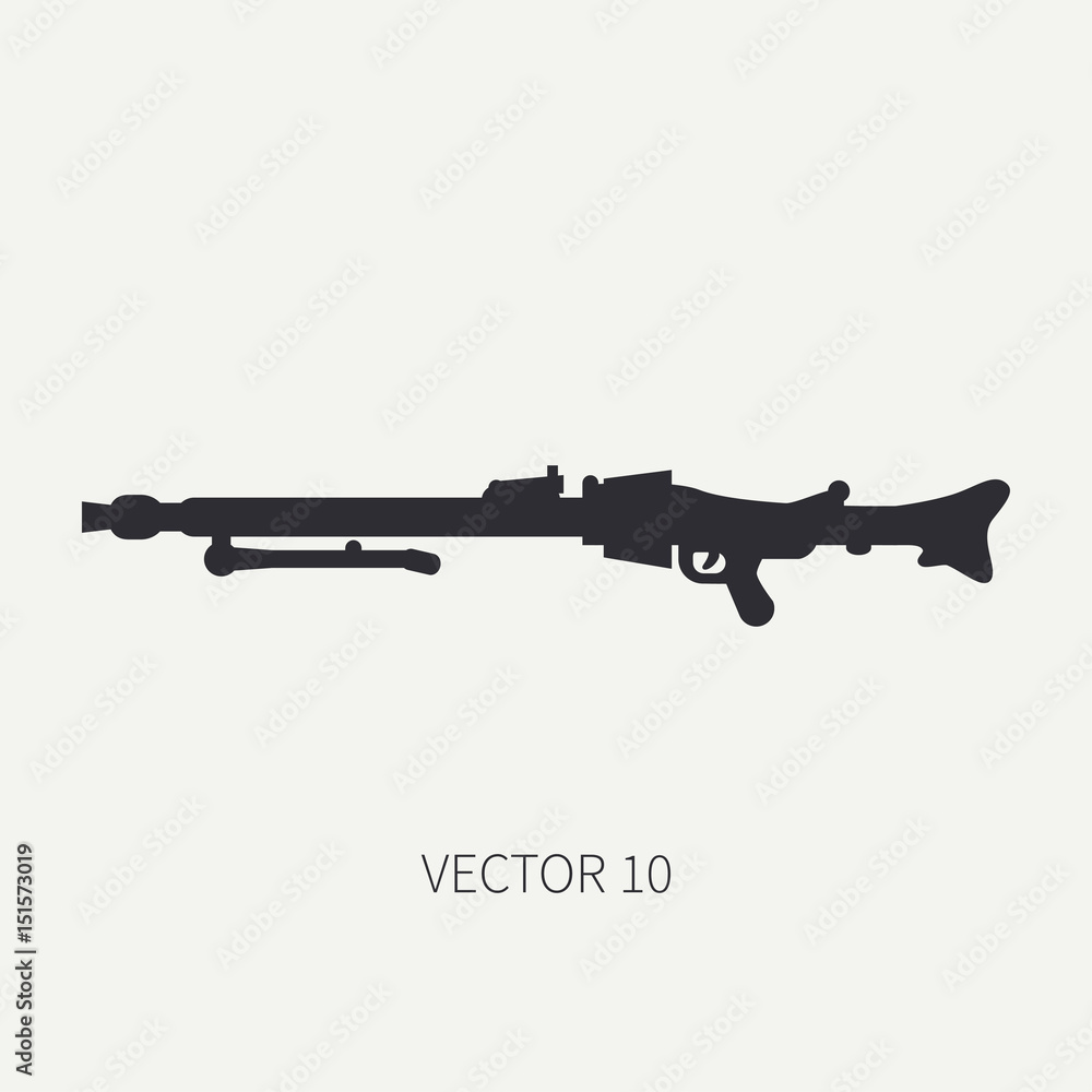 Silhouette. Line flat vector military icon - machine gun. Army equipment and armament. Legendary retro weapon. Cartoon. Assault. Soldiers. War. Illustration and element for your design and wallpaper. Silhouette. Line flat vector military icon - machine gun. Army equipment and armament. Legendary retro weapon. Cartoon. Assault. Soldiers. War. Illustration and element for your design and wallpaper.