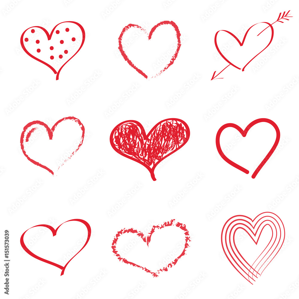 Set of hand drawn hearts on white background. Vector.