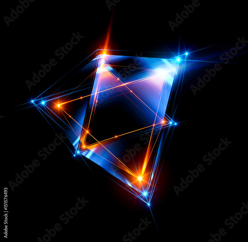 3d abstract background with geometric. Concept new technology and dynamic motion. Digital data visualization. 
Diamond prism. Polygonal crystals. Bright figure in starry cosmos. Glowing triangles 
