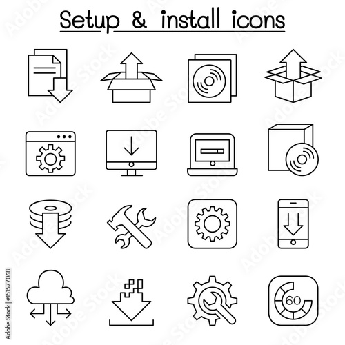Setup , configuration, maintenance & Installation icon set in thin line style