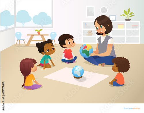 Smiling kindergarten teacher shows globe to children sitting in circle during geography lesson. Preschool activities and early childhood education concept. Vector illustration for poster, flyer.