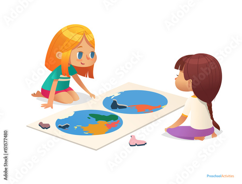 Two girls sitting on floor and trying to assemble world map puzzle. Educational activities for children. Learning through play concept. Vector illustration for poster, website, flyer, advertisement.