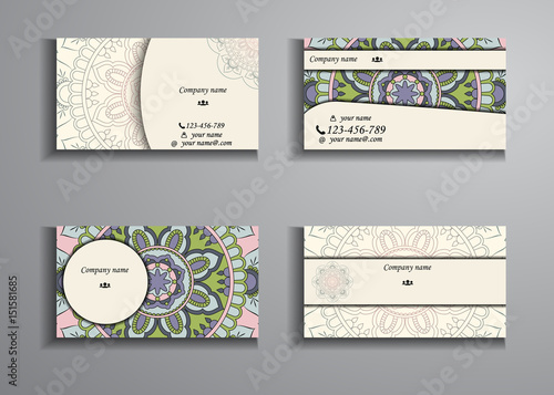 visiting card and business card big set. Floral mandala pattern and ornaments. Oriental design Layout, ottoman motifs. Front page and back page.