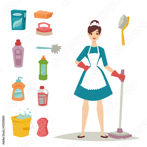 Housewife girl homemaker cleaning pretty girl wash cleanser chemical housework product equipment vector.
