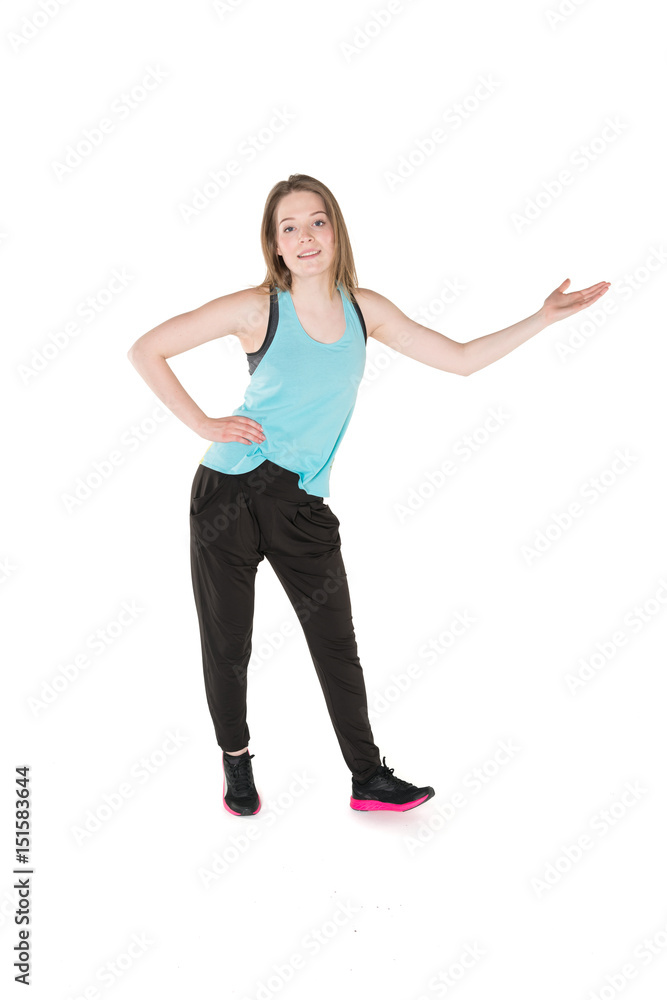 Young, pretty natural looking girl in sport t -shirt and jogging pants having fun dancing. Full body studio shot, pure white background. Young, pretty natural looking girl in sport t -shirt and jogging pants having fun dancing. Full body studio shot, pure white background.