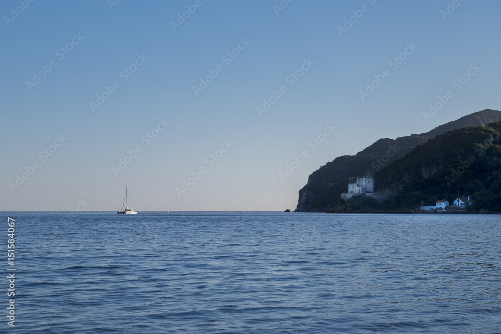 Scenic view of the Portinho da Arrabida beach in Setubal, Portugal; Concept for travel in Portugal Scenic view of the Portinho da Arrabida beach in Setubal, Portugal; Concept for travel in Portugal