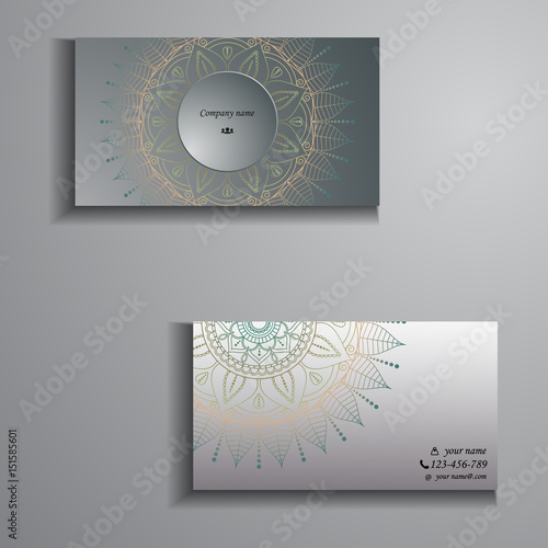 visiting card and business card big set. Floral mandala pattern and ornaments. Oriental design Layout, ottoman motifs. Front page and back page.