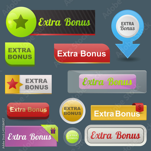 Colorful website extra bonus buttons design vector illustration glossy graphic label template banner.