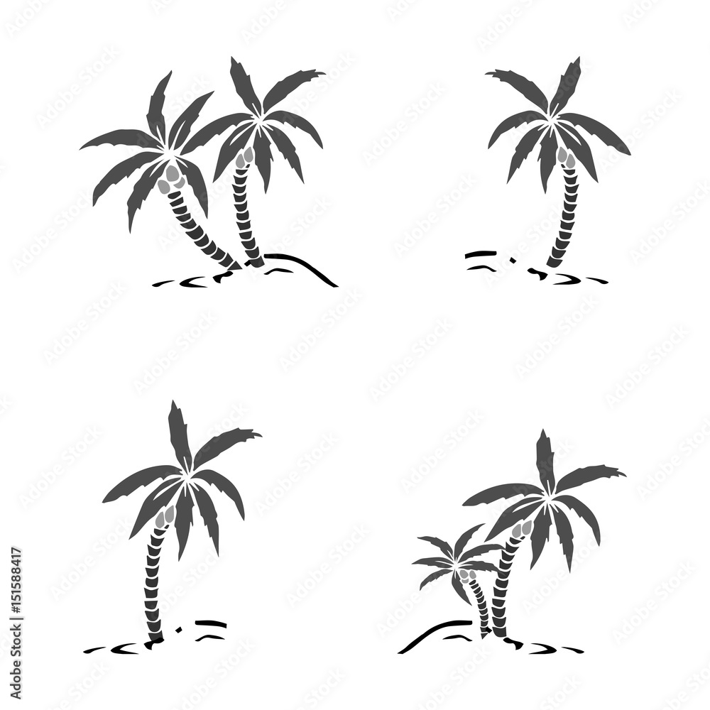 Palm trees silhouette on island. Vector illustration. Tropical exotic plant isolated on background. Modern hipster style apparel, poster, brochure design.
