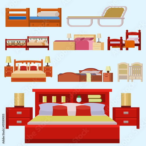 Vector bed icon set interior home rest collection sleep furniture comfortable night illustration.