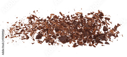 Pile chopped, milled chocolate isolated on white, top view