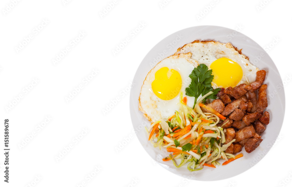 fried egg, meat and vegetable salad. top view. isolated on white fried egg, meat and vegetable salad. top view. isolated on white