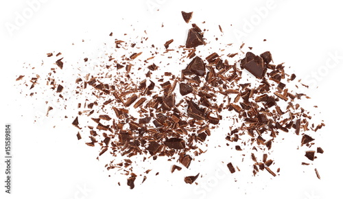 Pile chopped, milled chocolate isolated on white, top view