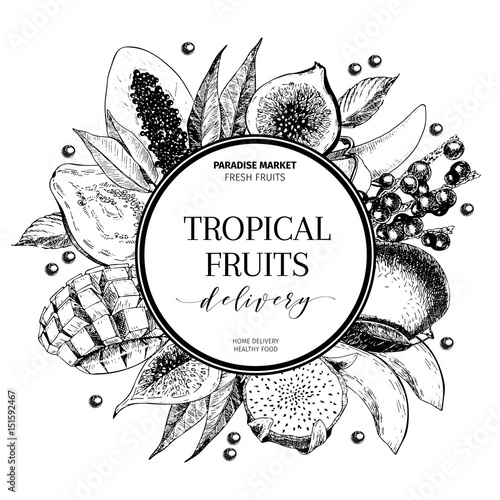 Vector hand drawn smoothie bowls poster. Exotic engraved fruits. Colored art. Frame border composition. Banana, mango, papaya, pitaya, acai, lychee, fig