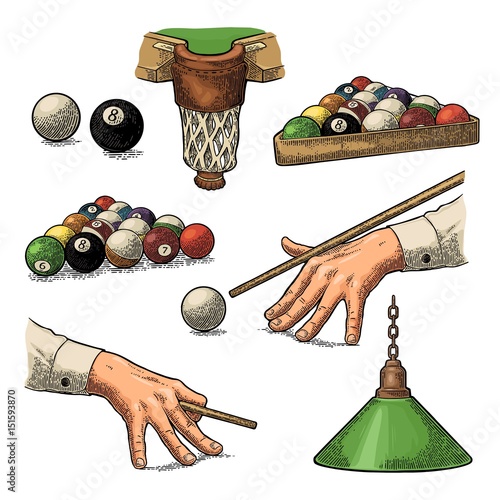 Set billiard. Stick, balls, chalk, pocket and lamp.Vintage black engraving