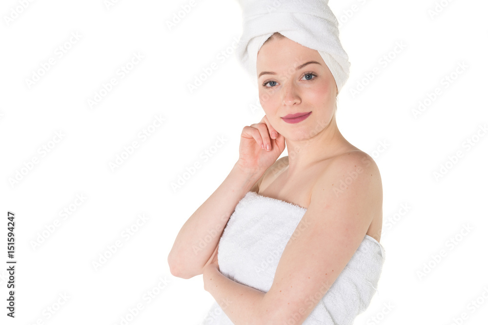 Young beautiful, pretty girl with towel. Ready for massage and skin cosmetic treatment. Studio portrait shot. Pure white background Young beautiful, pretty girl with towel. Ready for massage and skin cosmetic treatment. Studio portrait shot. Pure white background