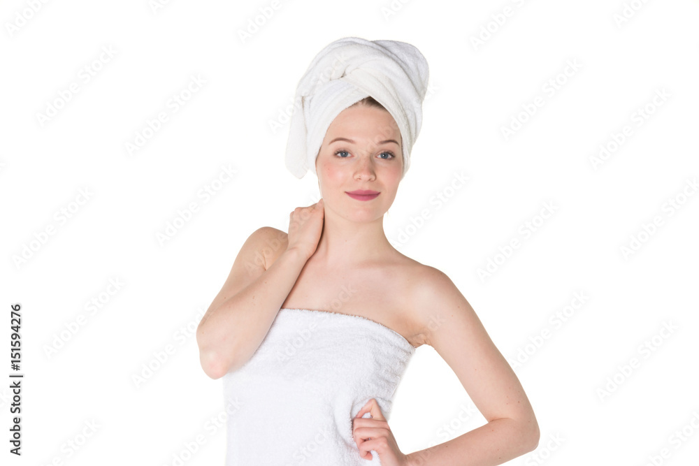 Young beautiful, pretty girl with towel. Ready for massage and skin cosmetic treatment. Studio portrait shot. Pure white background Young beautiful, pretty girl with towel. Ready for massage and skin cosmetic treatment. Studio portrait shot. Pure white background
