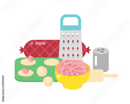 Meat products ingredient and rustic elements preparation equipment food flat vector illustration.