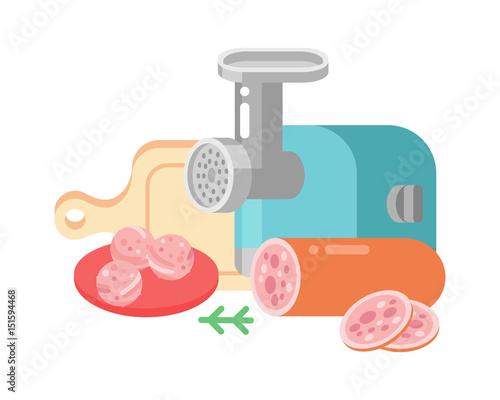Meat products ingredient and rustic elements preparation equipment food flat vector illustration.