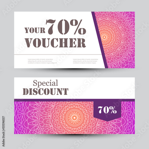 Gift voucher template with mandala. Design certificate for sport center, magazine or etc. Vector gift coupon with ornament on background