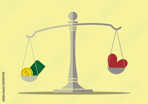 money and love balance on the balance scale , business concept, balance life concept, concept of money more important than love, vector illustration