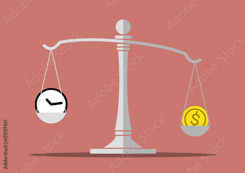 time and money balance on the balance scale , business concept, balance life concept, concept of make money more important than your time, vector illustration