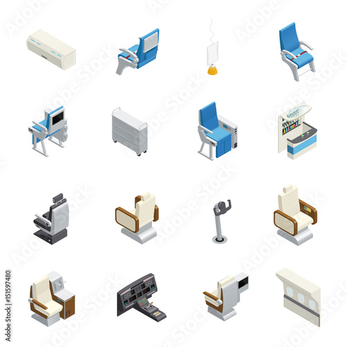 Airplane Interior Isometric Icon Set