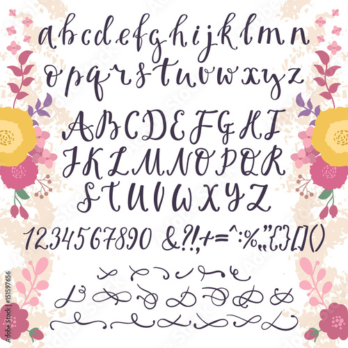 Calligraphic vector font with numbers ampersand and symbols flower hand drawn alphabet lettering