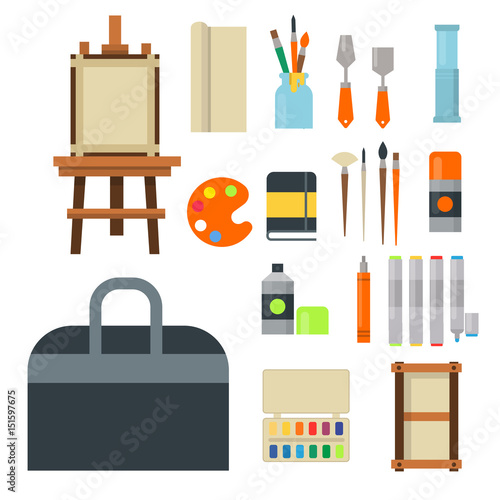 Painting art tools palette icon set flat vector illustration details stationery creative paint equipment.